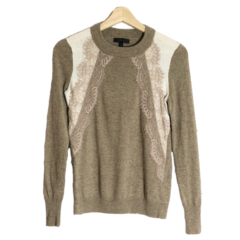 J Crew Wool Blend Pullover Sweater Top Lace Long Sleeves Tan Sz XXS